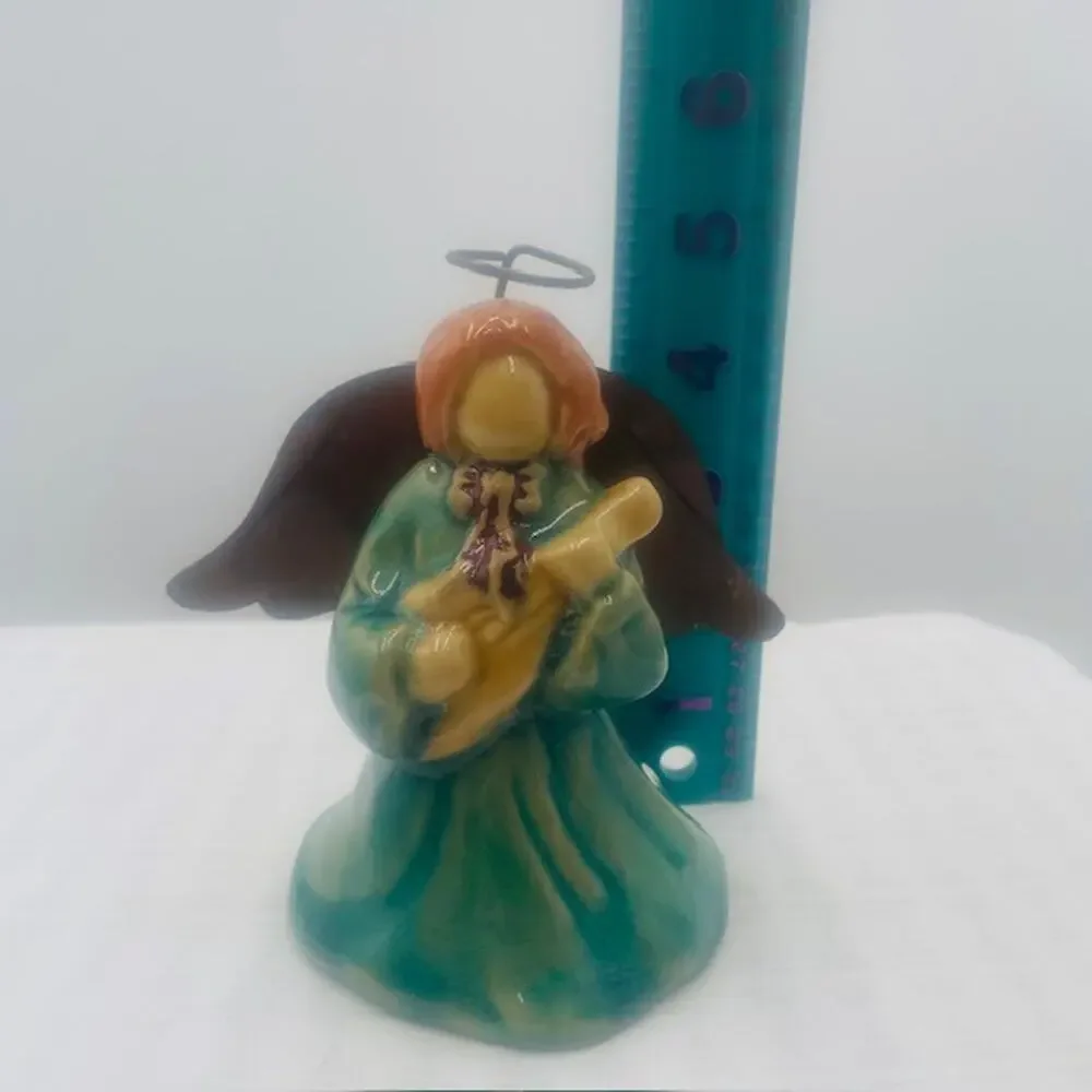 Vintage Ceramic Angel No Face Tin Wings Playing Mandolin Figurine